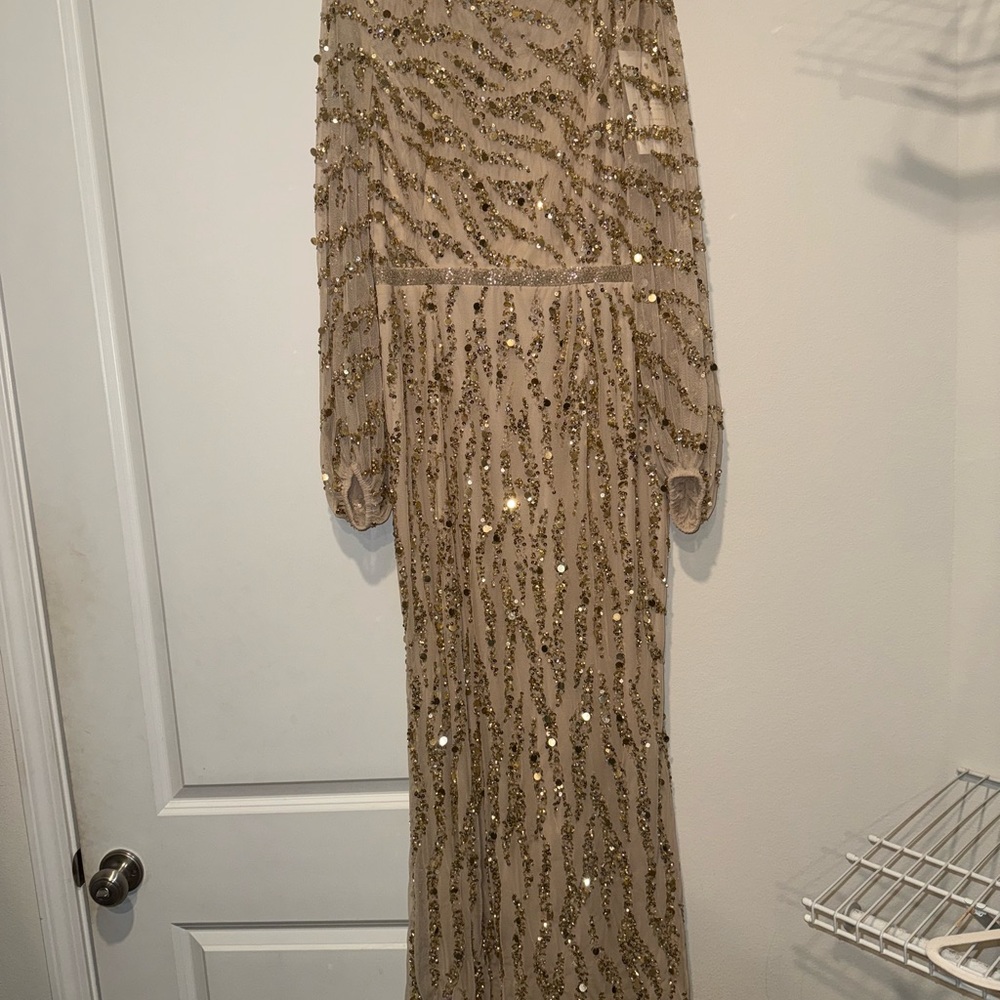 New Mac Duggal Gold Embellished High Neck Puff Sleeve Trumpet Gown size 12 - Picture 4 of 13